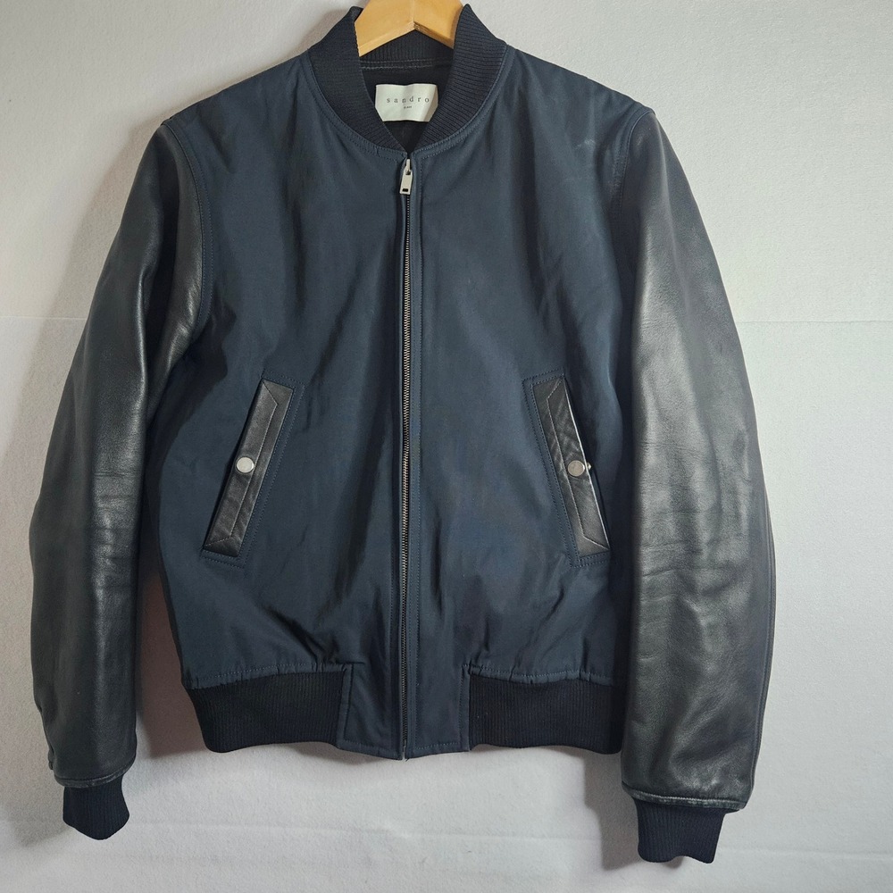 Sandro Paris Mens Navy Blue Lamb Leather Sleeve Bomber Jacket V6868W Size S
